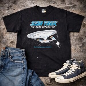 Distressed VTG 80s Star Trek TNG Single Stitch USA Shirt XL Screen Stars Black